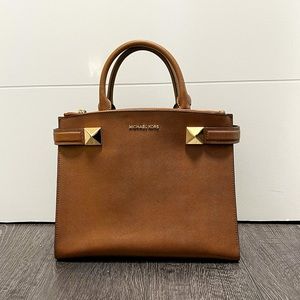 Michael Kors Karla Medium EW Leather Satchel Bag in Luggage Camel